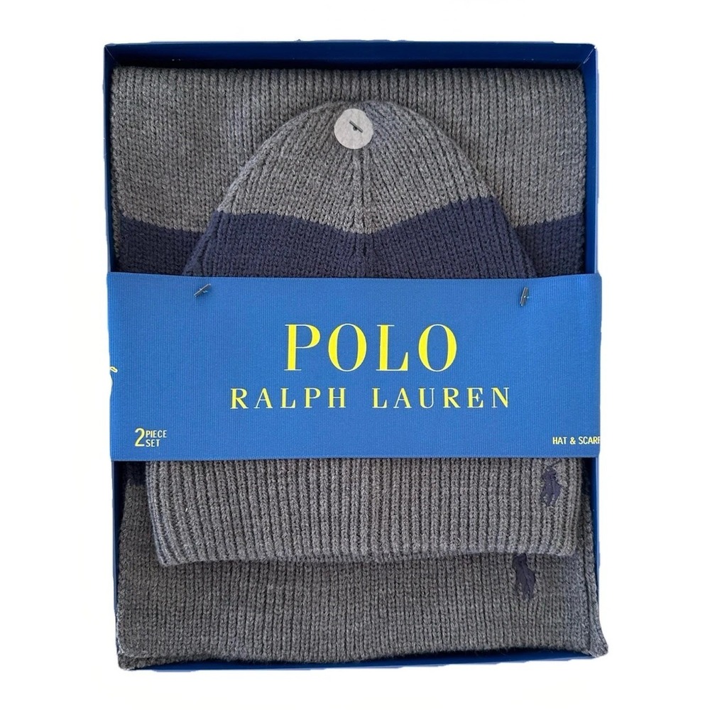 Polo Ralph Lauren Beanie Hat‎ Scarf 2-Piece Set Gray Navy One Size NWT
